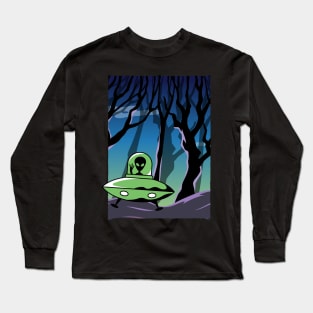 Ufo alien funny cute flying spaceship astronaut moon mars cosmic forest Long Sleeve T-Shirt